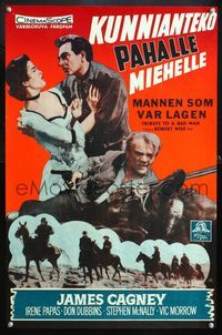 6c056 TRIBUTE TO A BAD MAN Finnish '56 image of cowboy James Cagney, pretty Irene Papas!