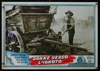 6c262 WESTWARD THE WOMEN Italian 13x19 pbusta '51 Robert Taylor & Denise Darcel by wagon!