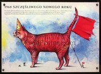 6c417 1968 SCZCZESLIWEGO NOWEGO ROKU Polish 27x37 '92 wild Pagowski art of people & giant cat!