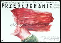 6c462 INTERROGATION Polish 26.5x37 '89 wild Pagowski art of woman with gagged face in her hair!