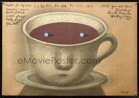 6c555 WISH YOU WERE HERE Polish 26.5x38 '87 Stasys Eidrigevicius artwork of coffee cup with face!