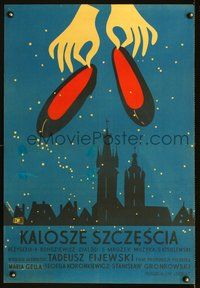 6c383 KALOSZE SZCZESCIA Polish 23x33 '58 Jerzy Srokowski artwork of ballet shoes over skyline!