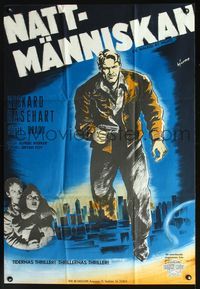 6c270 HE WALKED BY NIGHT Swedish '48 cool artwork of Richard Basehart over L.A. by Bjorne!