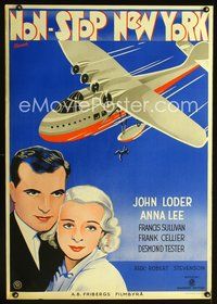 6c285 NON-STOP NEW YORK Swedish '37 Ehmark artwork of John Loder, Anna Lee, man falling from plane!