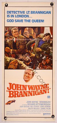 6d083 BRANNIGAN Aust daybill '75 great Robert McGinnis art of fighting John Wayne in England!