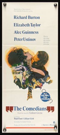 6d131 COMEDIANS Aust daybill '67 art of Richard Burton, Elizabeth Taylor, Alec Guinness!