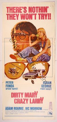 6d162 DIRTY MARY CRAZY LARRY Aust daybill '74 Tanenbaum art of Peter Fonda & sexy Susan George!