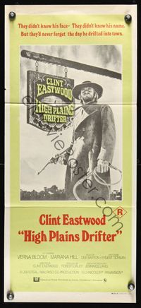 6d248 HIGH PLAINS DRIFTER Aust daybill '73 great image of Clint Eastwood holding gun & whip!