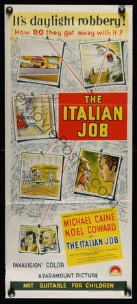 6d263 ITALIAN JOB Aust daybill '69 Michael Caine, cool planning-a-robbery image!