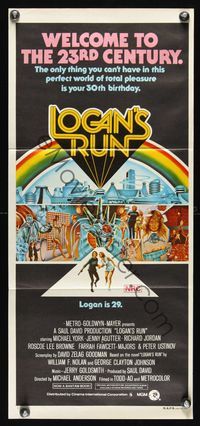 6d305 LOGAN'S RUN Aust daybill '76 art of Michael York & Jenny Agutter running away by Charles Moll