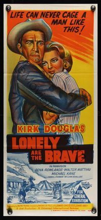 6d306 LONELY ARE THE BRAVE Aust daybill '62 Kirk Douglas classic, life can never cage him!