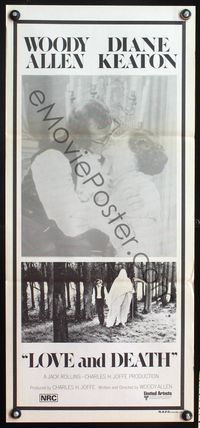 6d308 LOVE & DEATH Aust daybill '75 Woody Allen & Diane Keaton romantic kiss close up!