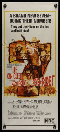 6d315 MAGNIFICENT SEVEN RIDE Aust daybill '72 art of cowboy Lee Van Cleef firing six-shooter!