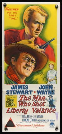 6d321 MAN WHO SHOT LIBERTY VALANCE Aust daybill '62 stone litho art of John Wayne & James Stewart!