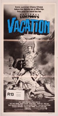 6d345 NATIONAL LAMPOON'S VACATION Aust daybill '83 sexy exaggerated art of Chevy Chase by Vallejo!