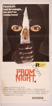 6d379 PROM NIGHT Aust daybill '80 Jamie Lee Curtis won't be coming home, wild horror art!
