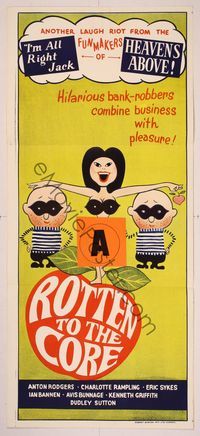 6d404 ROTTEN TO THE CORE Aust daybill '64 Boulting Bros, wacky artwork of robbers & sexy girl!