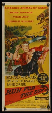 6d406 RUN FOR THE SUN Aust daybill '56 cool art of Richard Widmark fighting off the jungle!