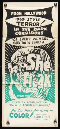 6d412 SHE FREAK Aust daybill '69 terror from hollywood, bizarre silk screen art image!