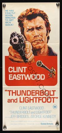 6d463 THUNDERBOLT & LIGHTFOOT Aust daybill '74 Ken Barr art of Clint Eastwood with HUGE gun!