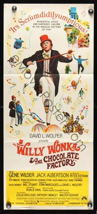 6d490 WILLY WONKA & THE CHOCOLATE FACTORY Aust daybill '71 Gene Wilder, it's scrumdidilyumptious!