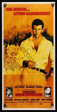 6d496 YEAR OF LIVING DANGEROUSLY Aust daybill '83 Peter Weir, great art of Mel Gibson by Stapleton!