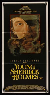 6d499 YOUNG SHERLOCK HOLMES Aust daybill '85 Steven Spielberg, Nicholas Rowe, cool detective art!