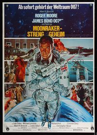 6d808 MOONRAKER German '79 Gouzee art of Roger Moore as James Bond 007 in space suit!