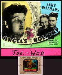 6e011 ANGEL'S HOLIDAY glass slide '37 c/u of surprised Jane Withers + Robert Kent & Sally Blane!
