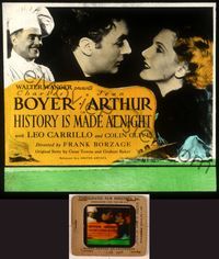 6e031 HISTORY IS MADE AT NIGHT glass slide '37 close up of Charles Boyer about to kiss Jean Arthur!