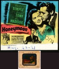6e032 HONEYMOON glass slide '47 great artwork of newlyweds Shirley Temple & Guy Madison in Mexico!