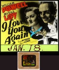 6e034 I LOVE YOU AGAIN glass slide '40 William Powell close up with Myrna Loy + playing trumpet!