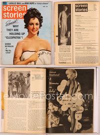 6e153 SCREEN STORIES magazine February 1963, Elizabeth Taylor wearing only a towel from Cleopatra!