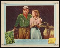 6f301 AFRICAN QUEEN LC #3 '52 Humphrey Bogart & Katharine Hepburn on boat drenched in the rain!