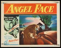 6f307 ANGEL FACE LC #7 '53 Robert Mitchum about to kiss Jean Simmons in convertible by lake!