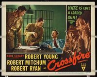 6f384 CROSSFIRE LC #2 '47 3-shot close up of Robert Young, Robert Mitchum & Robert Ryan!