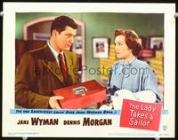 6f511 LADY TAKES A SAILOR LC #2 '49 close up of Dennis Morgan giving surprised Jane Wyman a box!