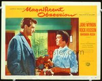 6f533 MAGNIFICENT OBSESSION LC #3 '54 close up of Rock Hudson & Jane Wyman glaring at each other!