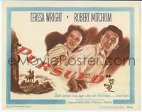 6f222 PURSUED TC '47 close up image of Robert Mitchum & Teresa Wright on the run!