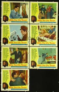6g182 WHILE THE CITY SLEEPS 7 LCs '56 Dana Andrews, Rhonda Fleming, Fritz Lang film noir!