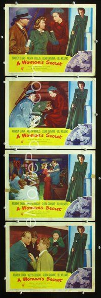 6g996 WOMAN'S SECRET 4 LCs '49 border art of Maureen O'Hara w/smoking gun in Nicholas Ray noir!