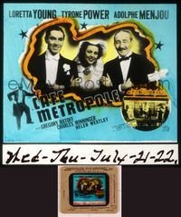 6h071 CAFE METROPOLE glass slide '37 Loretta Young, Tyrone Power & Adolphe Menjou arm-in-arm!