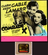 6h077 COMRADE X glass slide '40 close up of Hedy Lamarr embracing Clark Gable, funny love comedy!