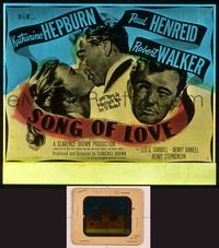 6h105 SONG OF LOVE  glass slide '47 art of Katharine Hepburn & Paul Henreid kissing + Robert Walker!
