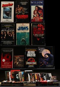 6h009 BOX OF PAPERBACK MOVIE ADAPTATIONS lot of 30 books '70s-90s Jaws, Rambo, Lost Boys, Exorcist!