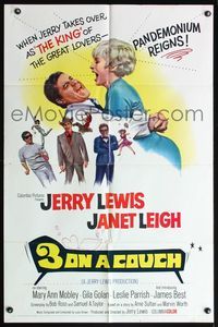 6j010 3 ON A COUCH 1sh '66 great image of screwy Jerry Lewis squeezing sexy Janet Leigh!