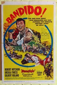 6j054 BANDIDO 1sh '56 action art of one-man army Robert Mitchum & sexy Ursula Thiess!