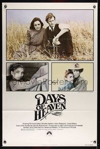 6j187 DAYS OF HEAVEN 1sh '78 Richard Gere, Brooke Adams, directed by Terrence Malick!