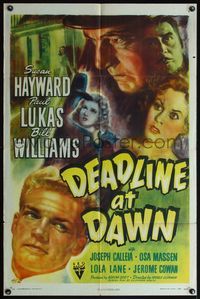 6j189 DEADLINE AT DAWN style A 1sh '46 cool artwork of Susan Hayward, Paul Lukas & Bill Williams!
