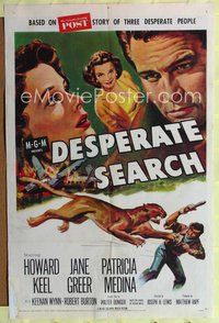 6j193 DESPERATE SEARCH 1sh '52 Jane Greer & Howard Keel trapped in the wild!